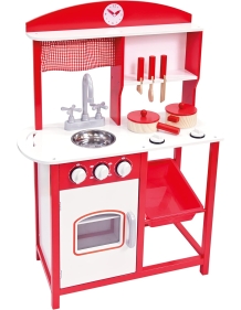 Raudona medinė virtuvėlė su priedais